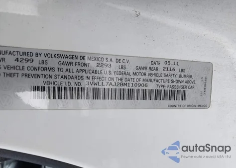 2011 Volkswagen Jetta 2.0L Tdi z USA, uszkodzony, nr VIN 3VWLL7AJ2BM110906